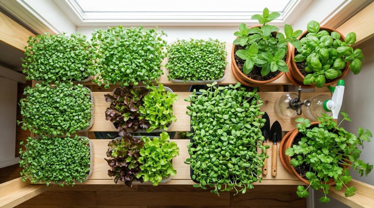 Microgreens and lettuce growing in compact trays